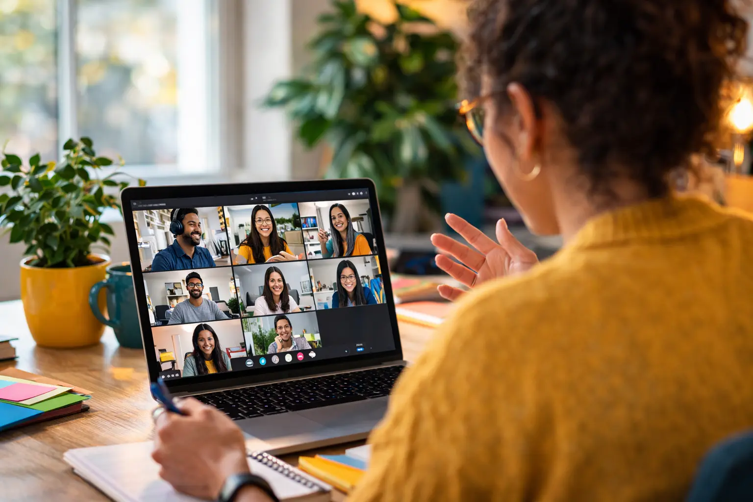 Person joining a video call on a laptop in a bright home office workspace