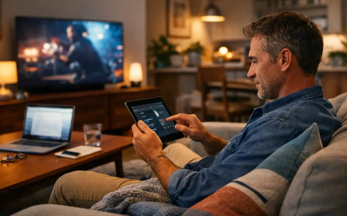 Man using a tablet to manage smart home Wi-Fi settings with multiple connected devices in a modern living room