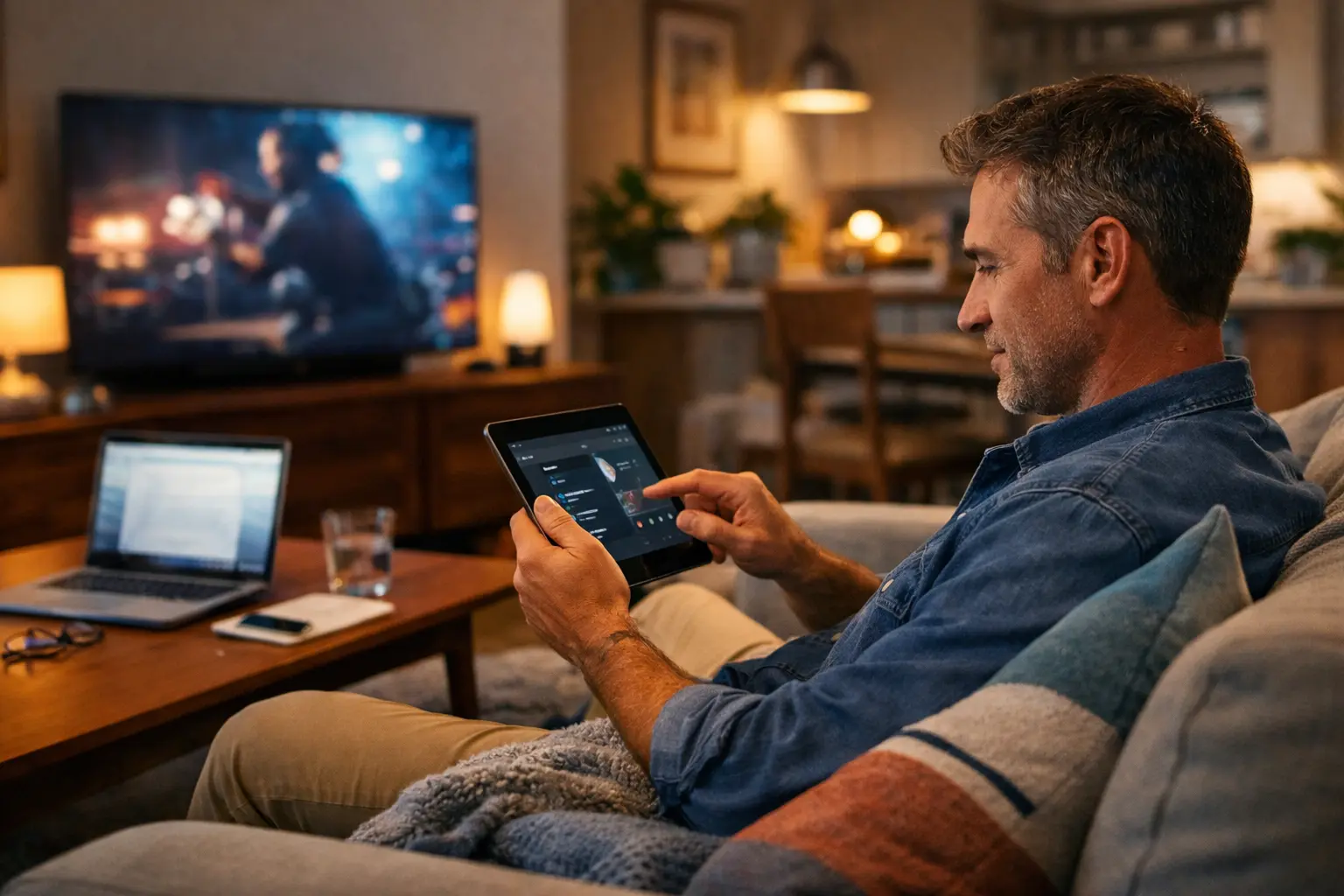 Man using a tablet to manage smart home Wi-Fi settings with multiple connected devices in a modern living room