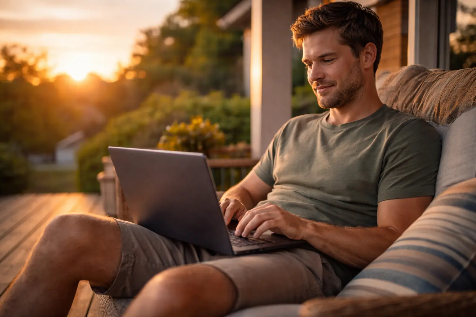 Person sitting on a porch at sunset using a laptop with a calm smile, enjoying a peaceful and stress-free online experience.