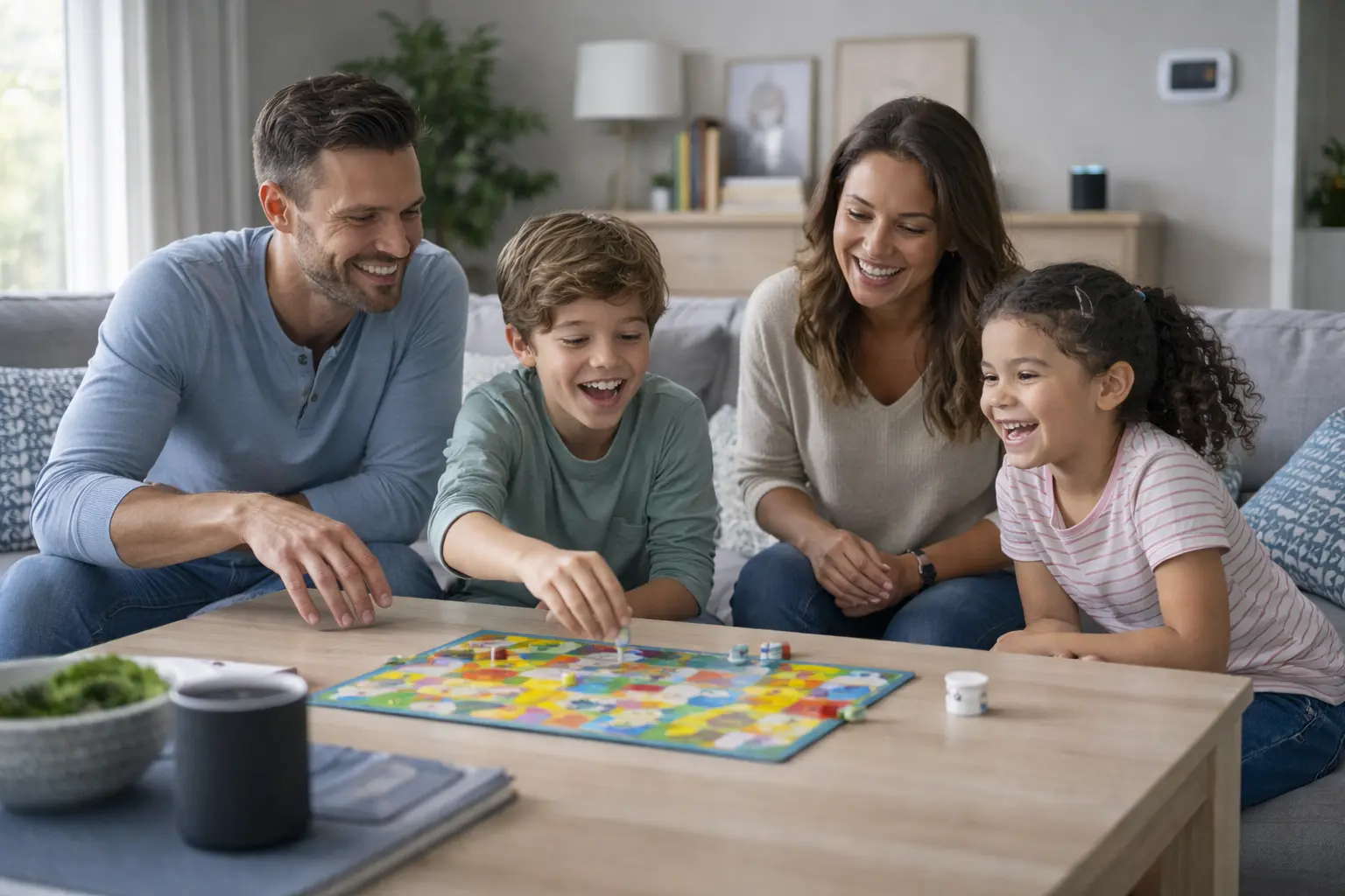 Family playing a board game together at home with smart devices in the background, representing a connected and future-ready home environment