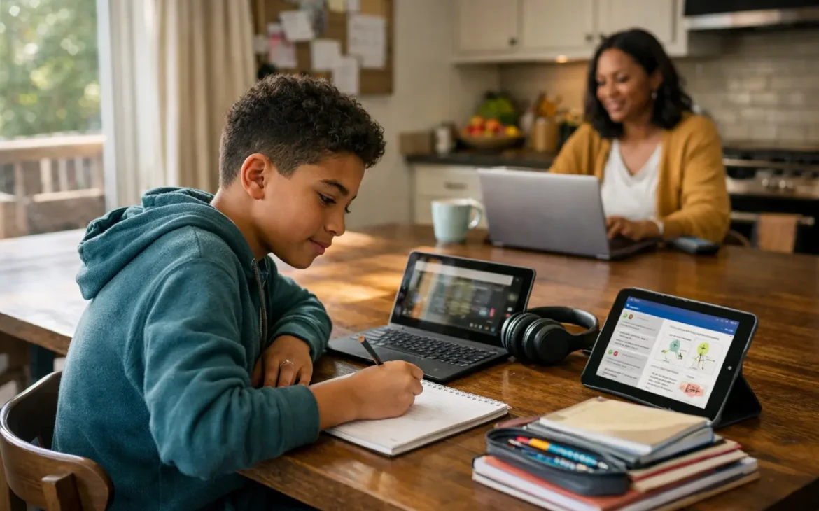 High school student studying at home using a laptop while a parent works nearby, representing hybrid learning supported by fast fiber internet