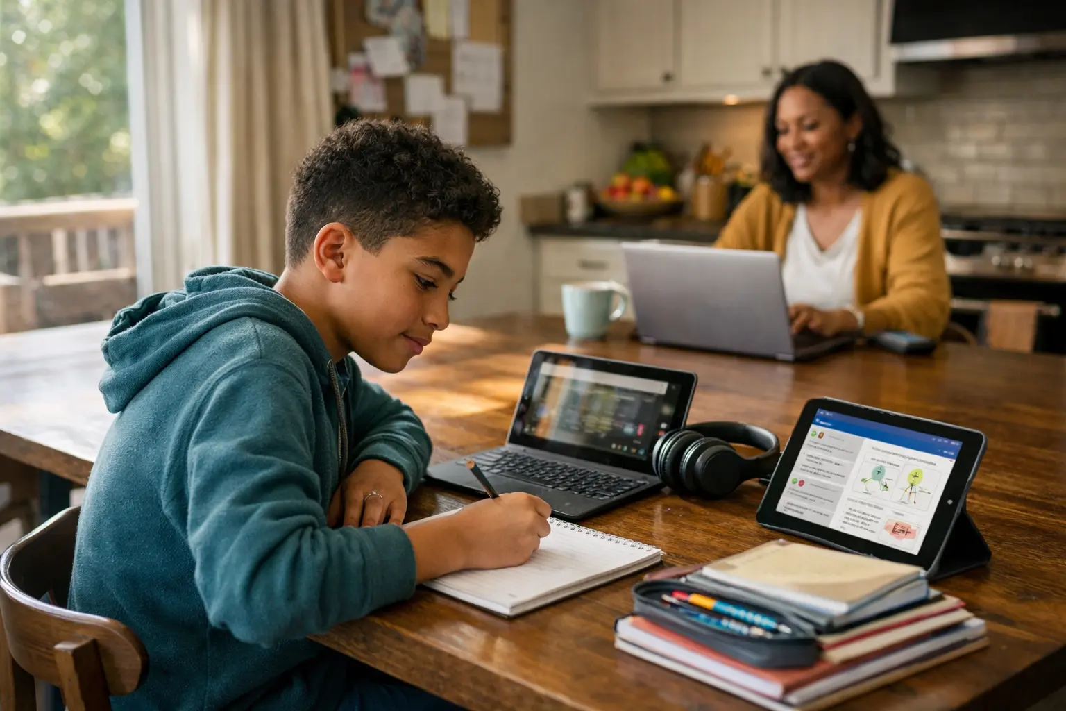 High school student studying at home using a laptop while a parent works nearby, representing hybrid learning supported by fast fiber internet