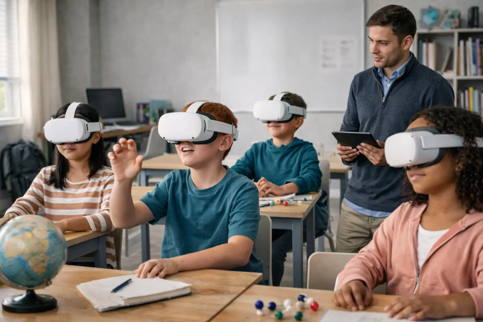 Diverse group of students using virtual reality headsets in a modern classroom while a teacher guides the lesson