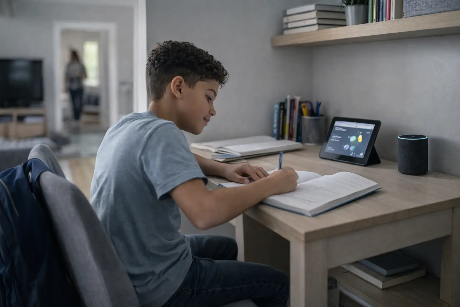 Child studying at a desk at home using a smart display and speaker as part of a structured homework routine in a smart home environment