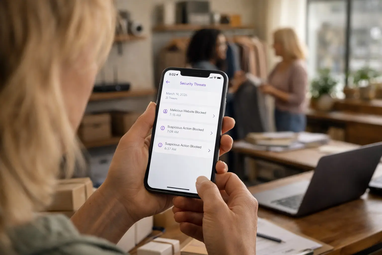 Small business owner checking Quantum Fiber mobile app showing blocked security threats on a smartphone in a retail workspace