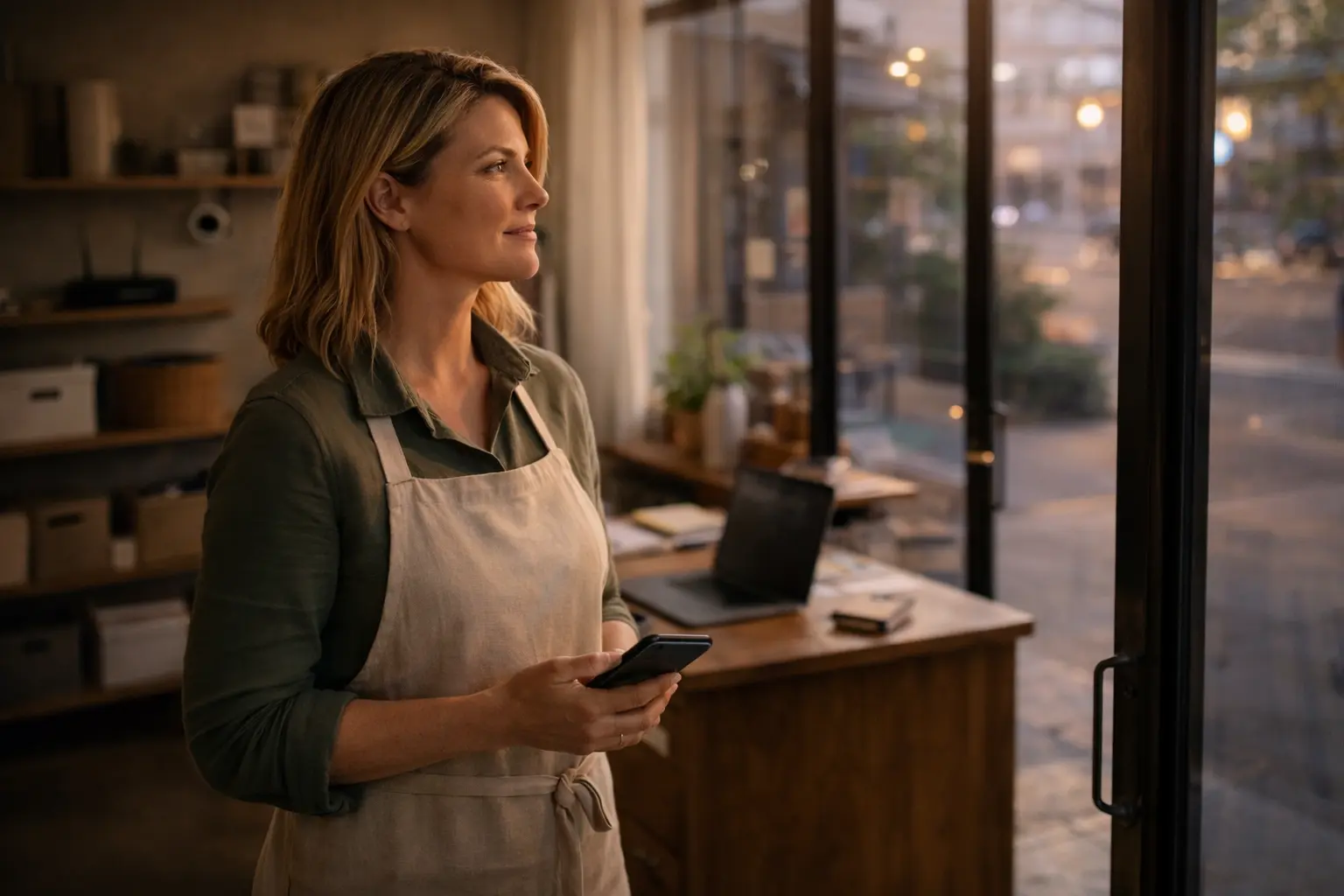 Small business owner standing in shop at closing time holding smartphone with a calm and confident expression after securing network