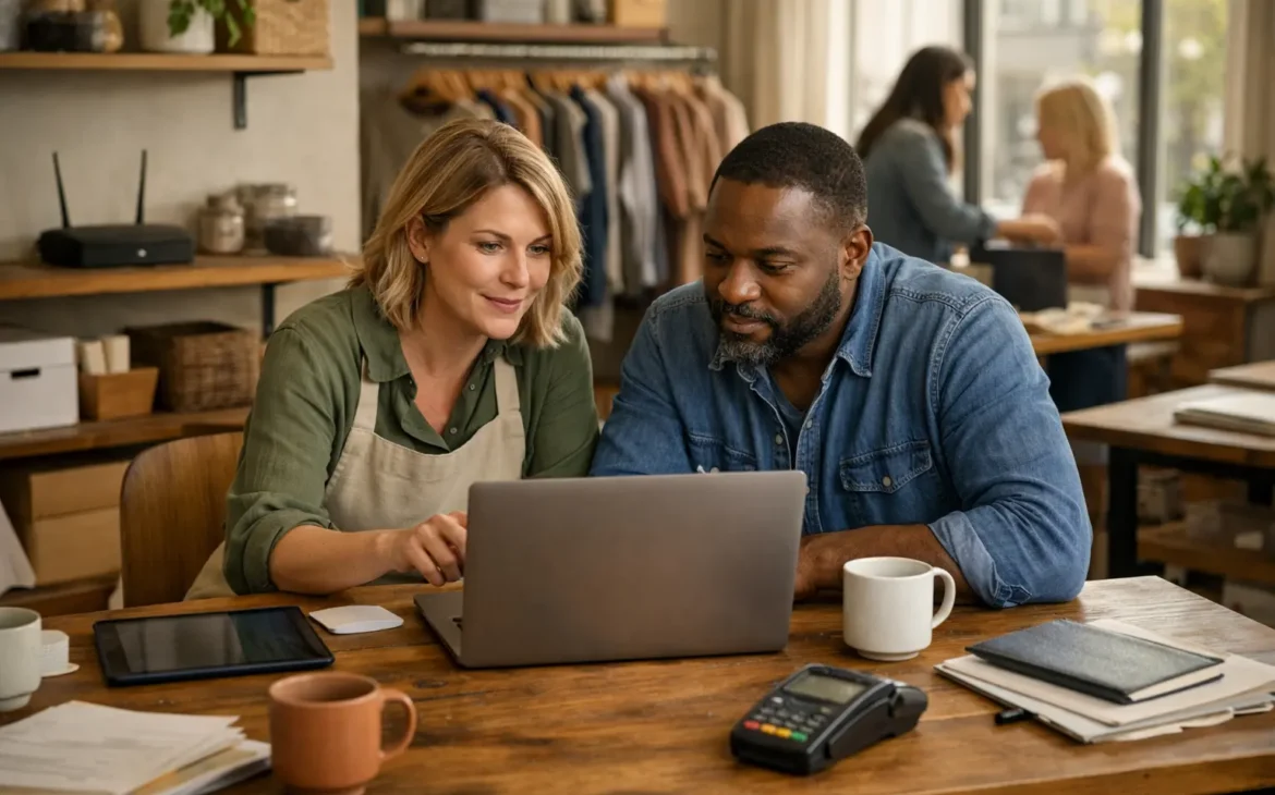 Small business owners reviewing laptop and POS system in a retail workspace while managing a secure business network