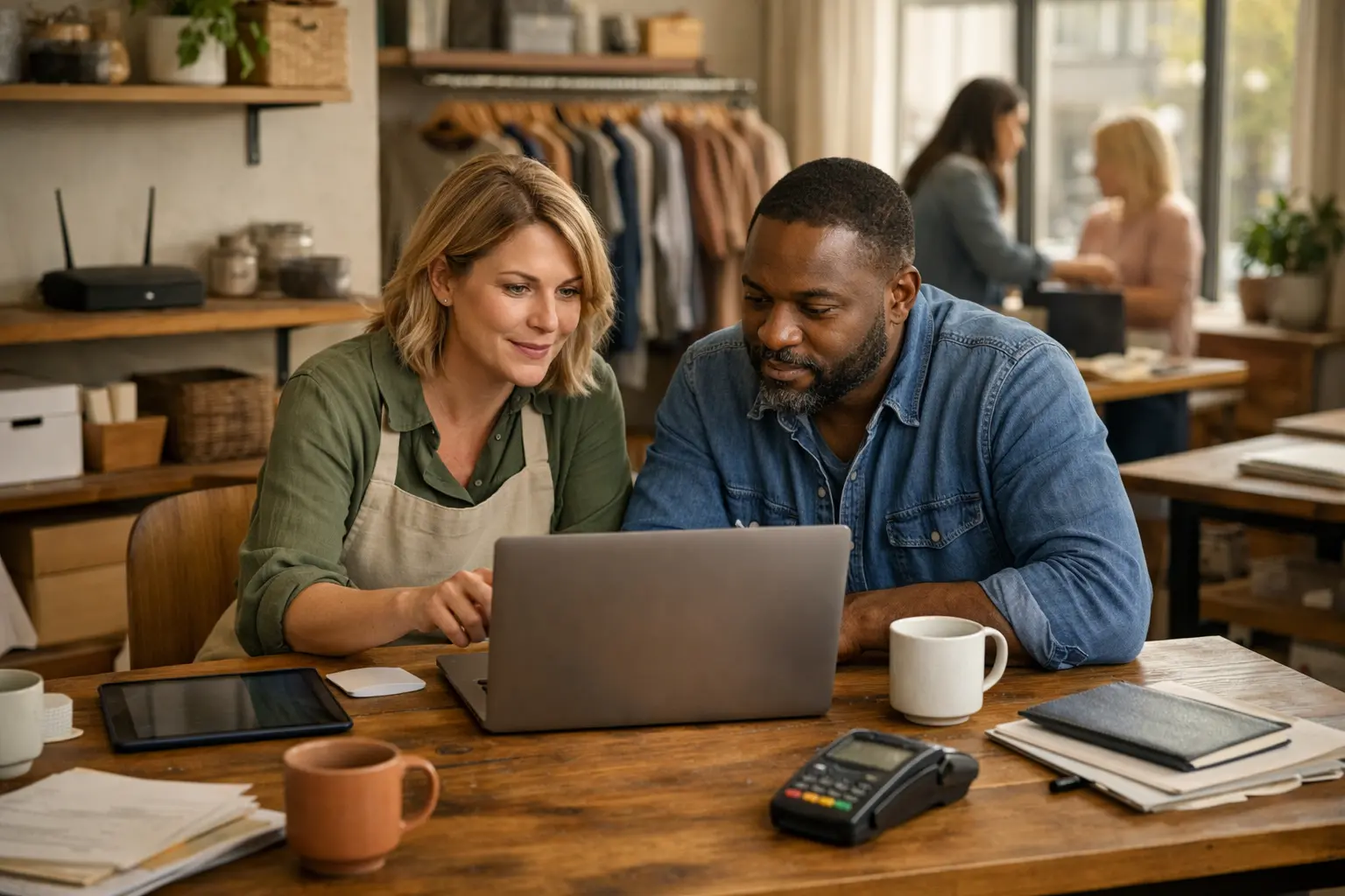 Small business owners reviewing laptop and POS system in a retail workspace while managing a secure business network