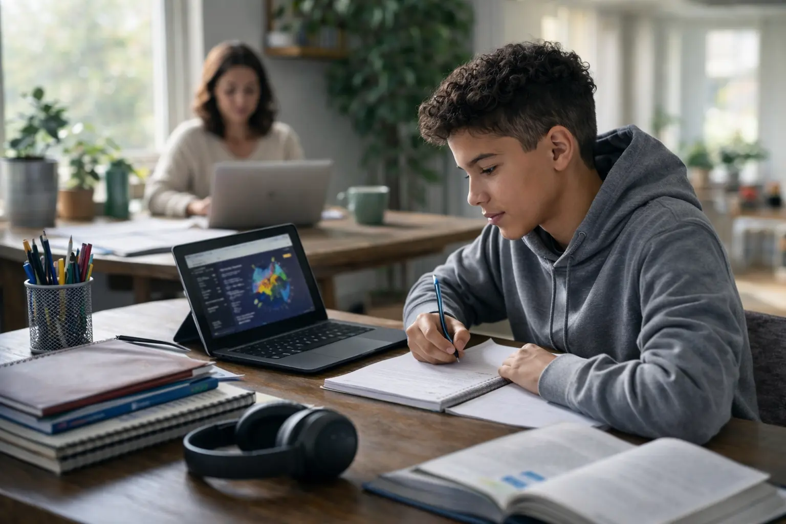 Student learning from home with reliable fiber internet High school student studying at home using a laptop while a parent works nearby, representing hybrid learning supported by fast fiber internet
