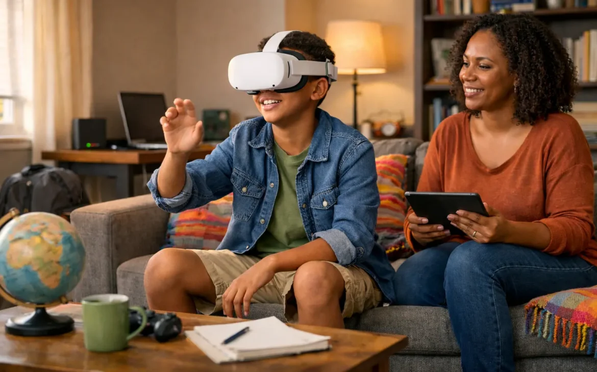 Child using a virtual reality headset at home for an educational field trip while a parent watches nearby in a warm, sunlit living room