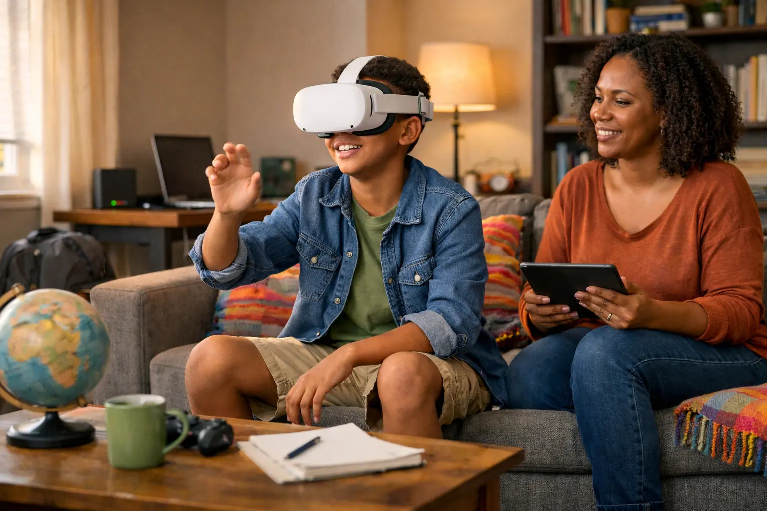 Child using a virtual reality headset at home for an educational field trip while a parent watches nearby in a warm, sunlit living room