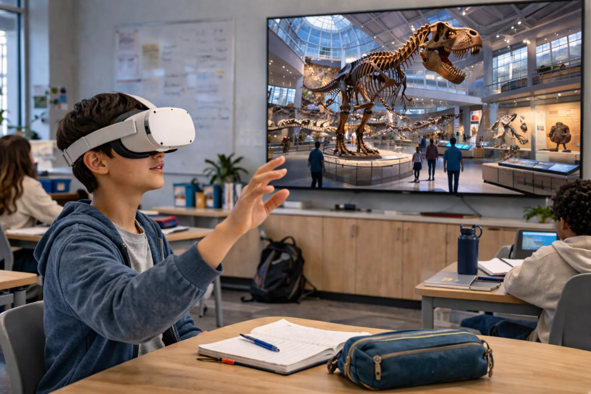 Student using a VR headset in a modern classroom while a TV displays a museum dinosaur exhibit from the virtual field trip