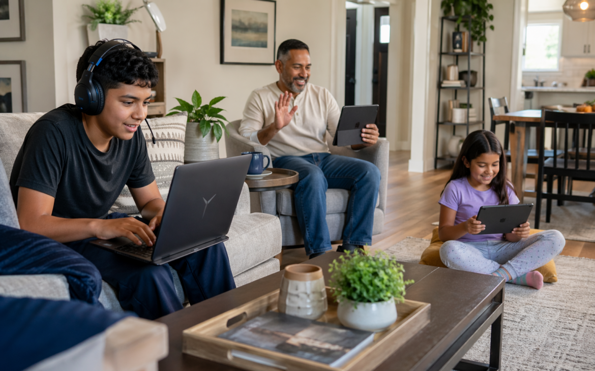 A diverse family in a sunlit living room using a laptop, tablet, and video call simultaneously, each engaged in their own activity in a natural home setting