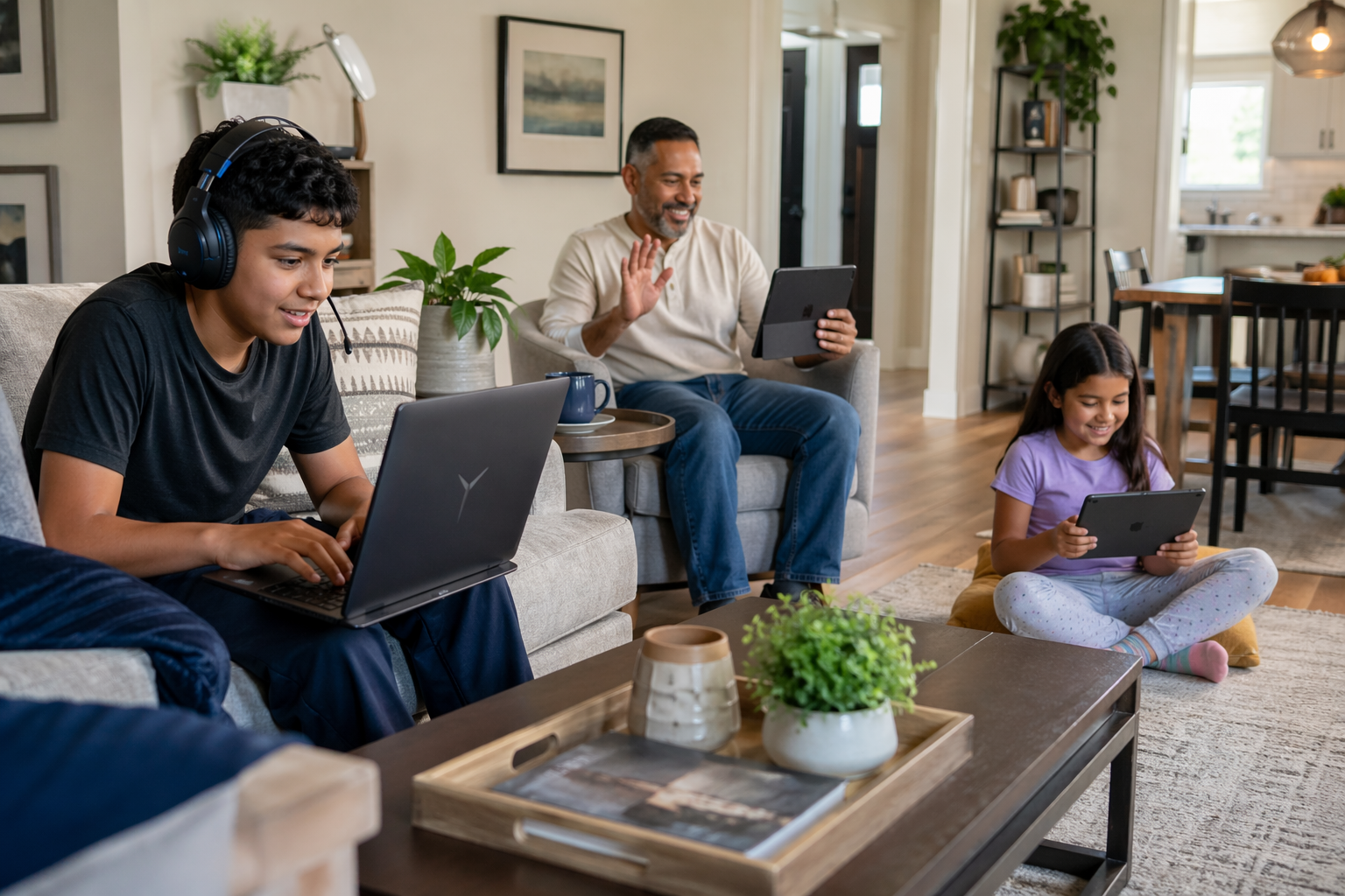 A diverse family in a sunlit living room using a laptop, tablet, and video call simultaneously, each engaged in their own activity in a natural home setting