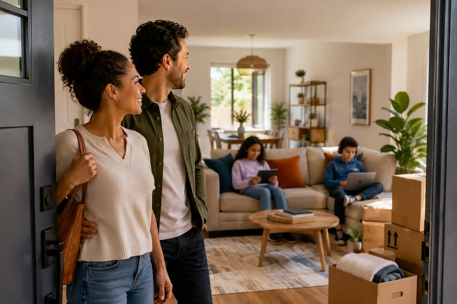 A couple stands in the doorway of their new home, smiling as they look inside while their kids use connected devices in the living room.
