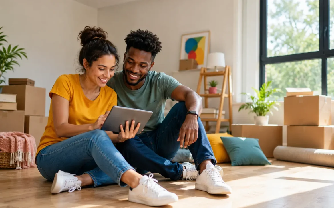 A young couple sitting on the floor of a new home, smiling while looking at a tablet together.