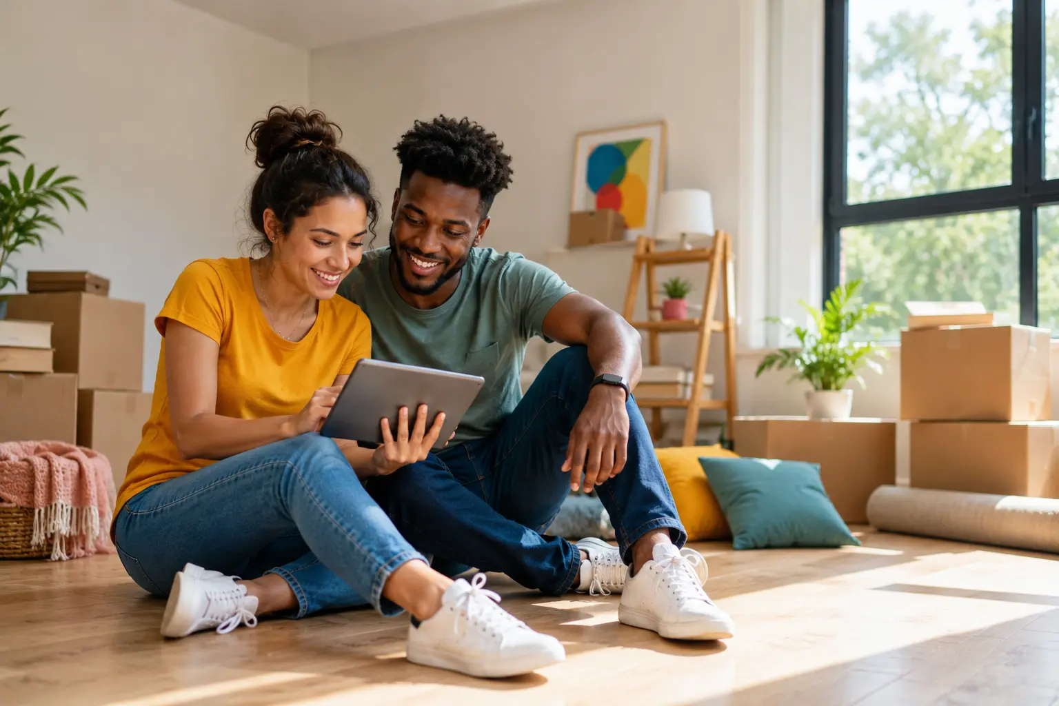A young couple sitting on the floor of a new home, smiling while looking at a tablet together.