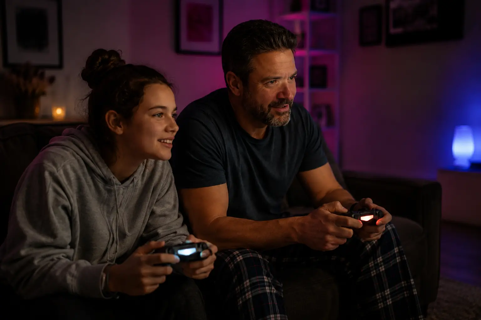 A dad and his teen daughter hold game controllers together in a dimly lit room with colorful accent lighting.