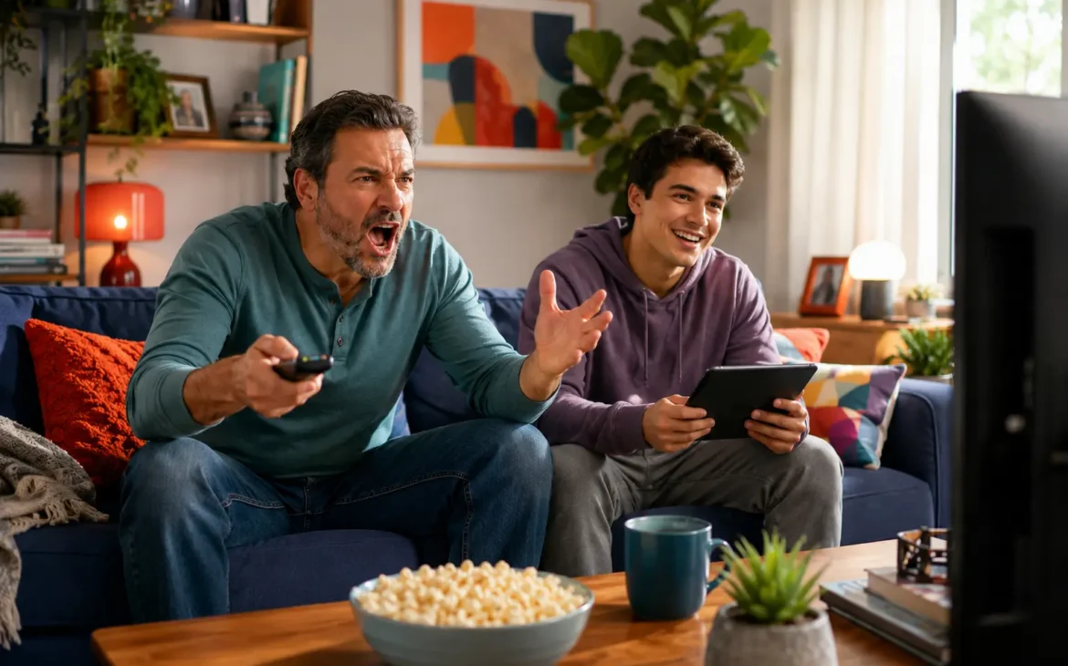 A father yells toward the TV while holding a remote as his adult child smiles beside him with a tablet in a colorful living room.