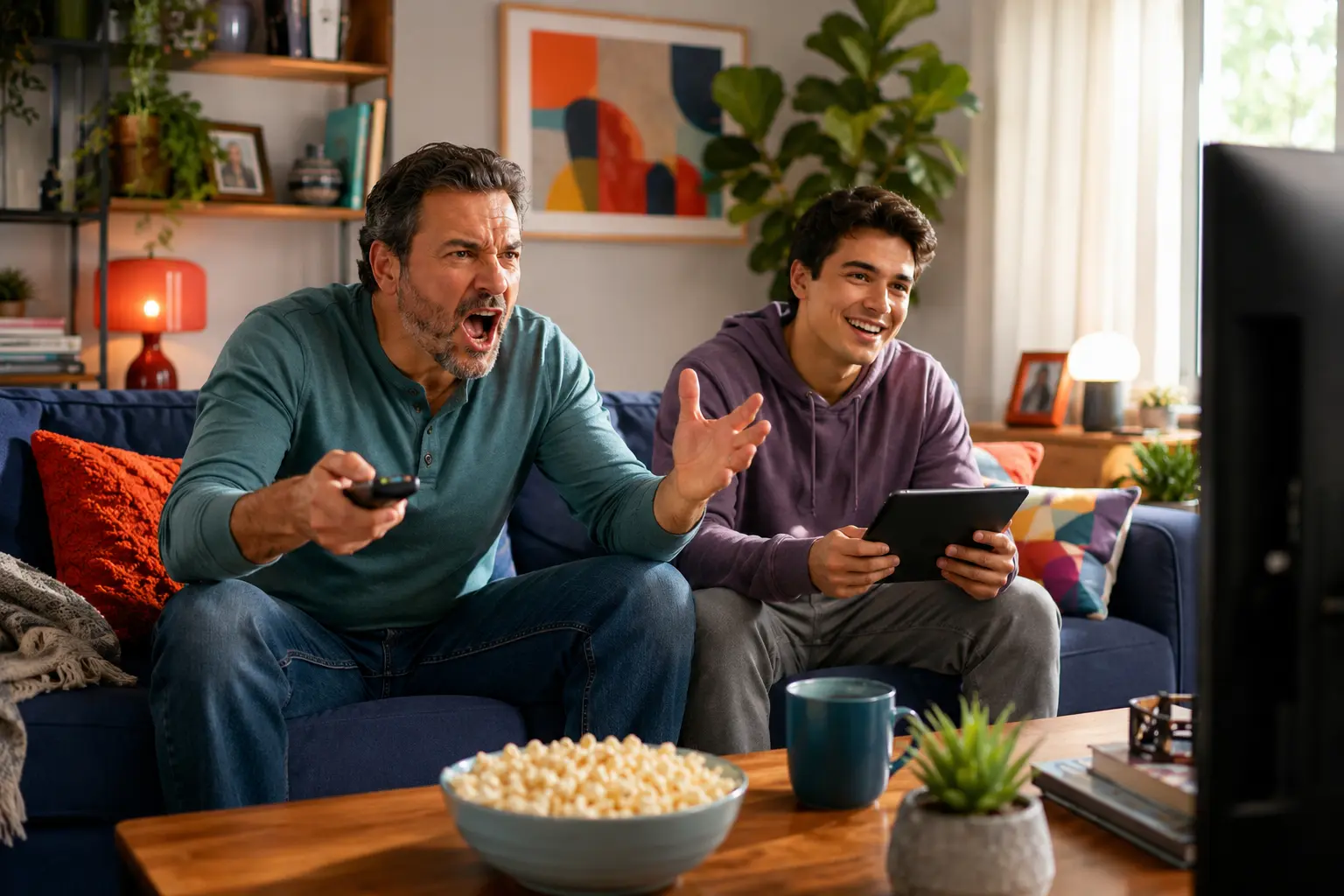 A father yells toward the TV while holding a remote as his adult child smiles beside him with a tablet in a colorful living room.