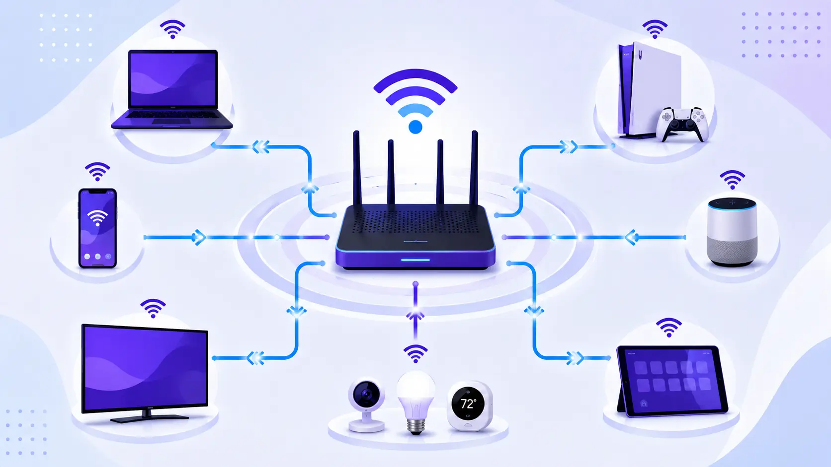 A modern vector illustration showing a central router connecting to laptops, phones, smart home devices, and gaming equipment through blue and purple network lines.