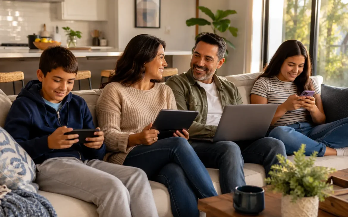A diverse family of four sitting together on a couch using tablets, smartphones, and a laptop in a warm, sunlit living room.