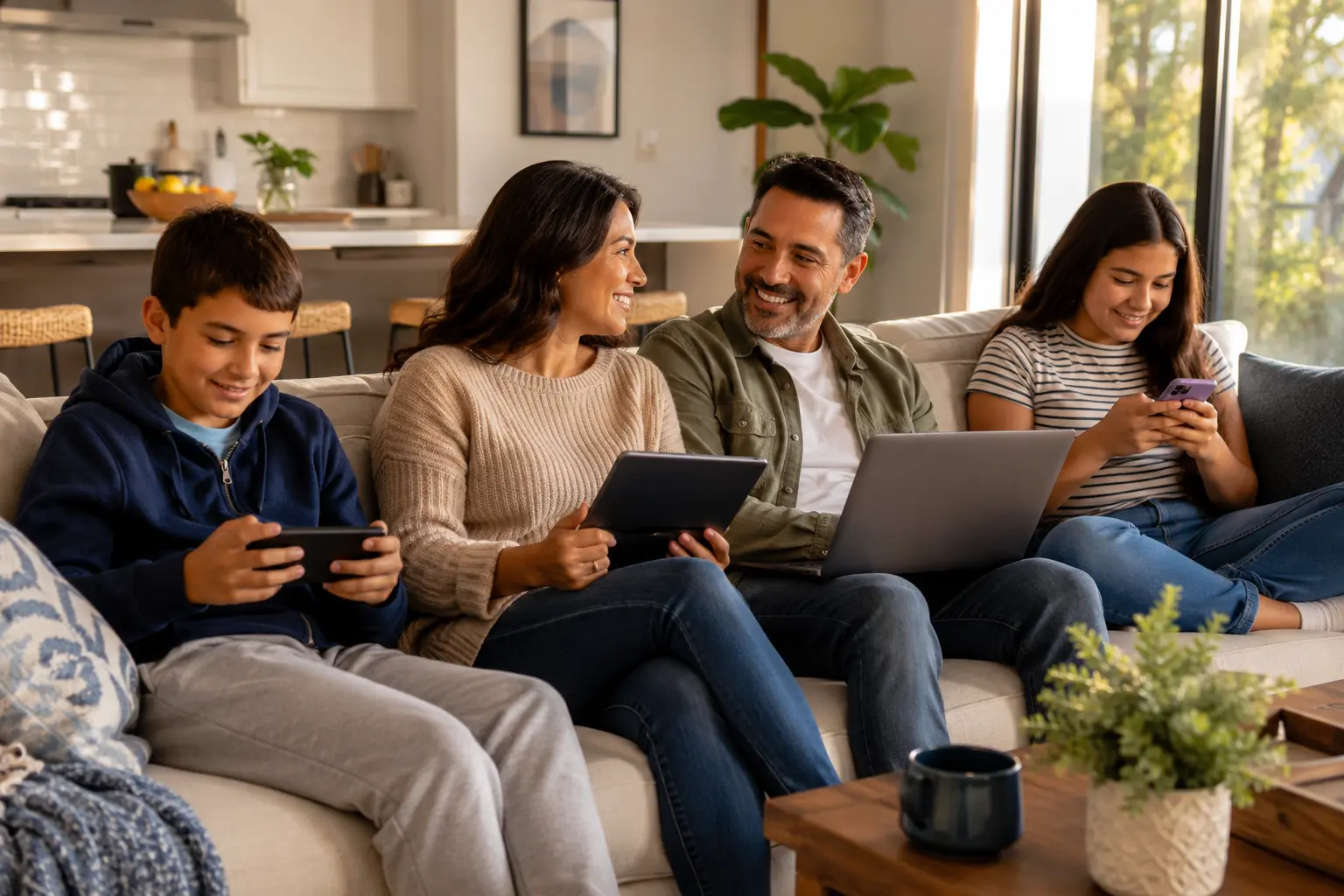 A diverse family of four sitting together on a couch using tablets, smartphones, and a laptop in a warm, sunlit living room.