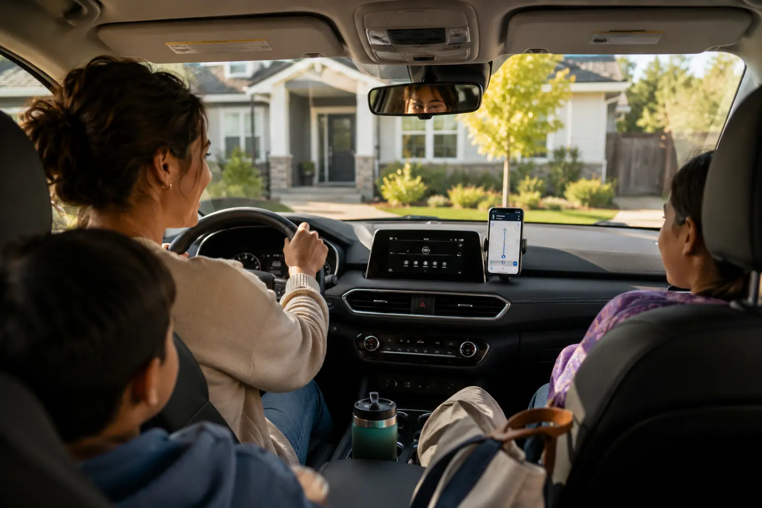 A family driving away from their suburban home with a smartphone mounted in the car, illustrating the transition from home internet to mobile wireless connectivity.
