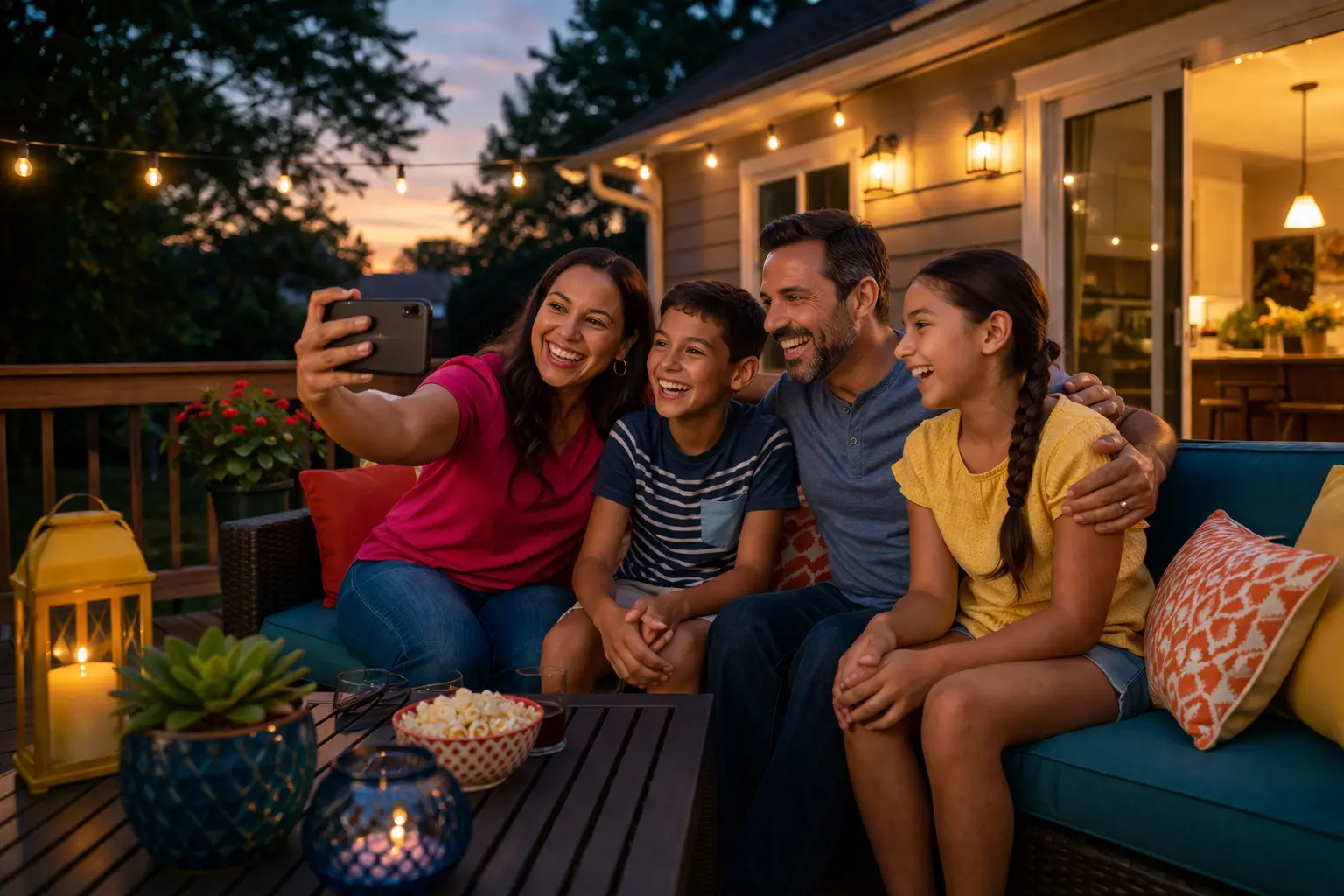 Family of four sitting on a backyard deck at sunset, smiling and gathered around a smartphone for a video call while relaxing together outdoors