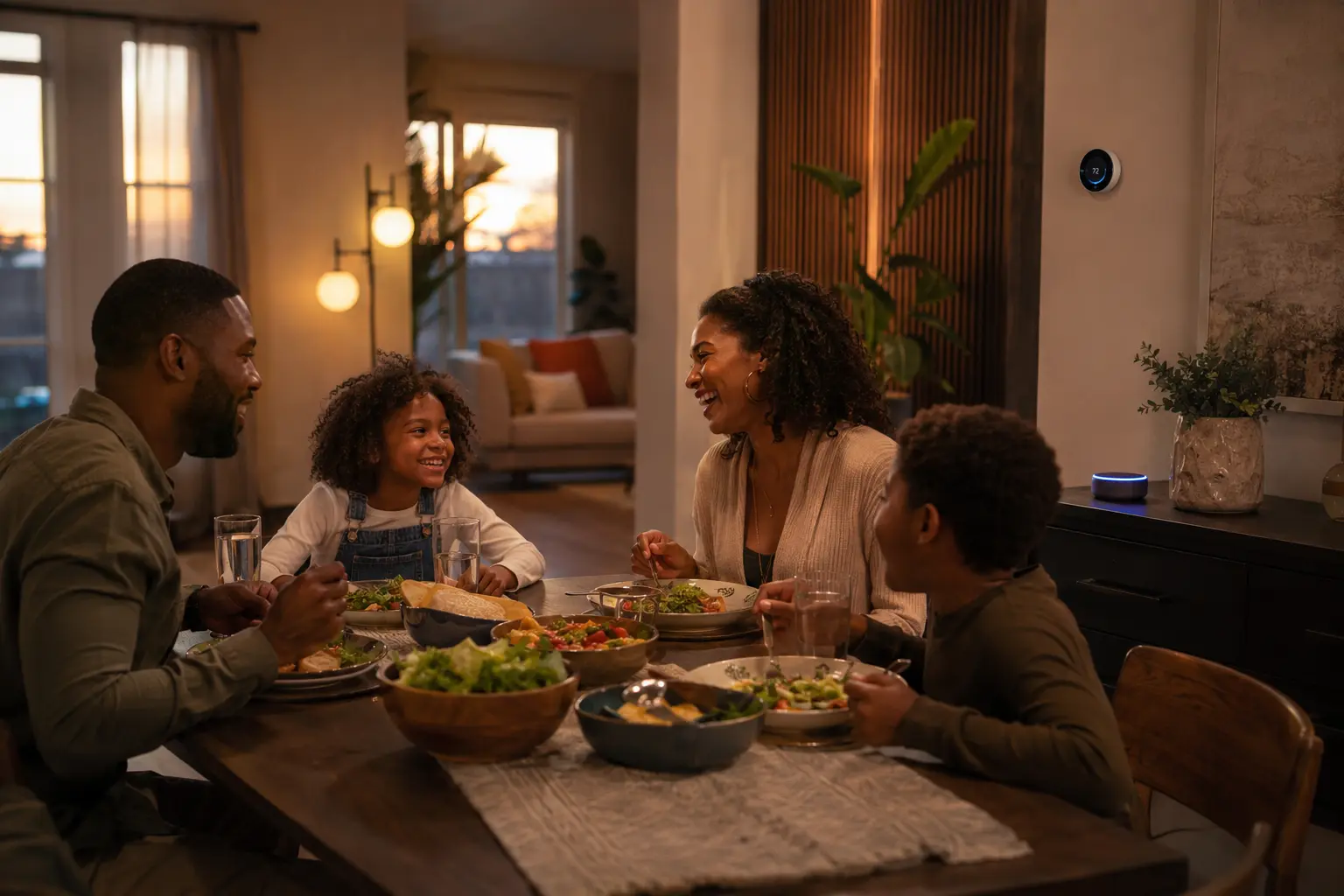 A family laughs together during dinner in a warm dining room with a smart speaker and sunset light.