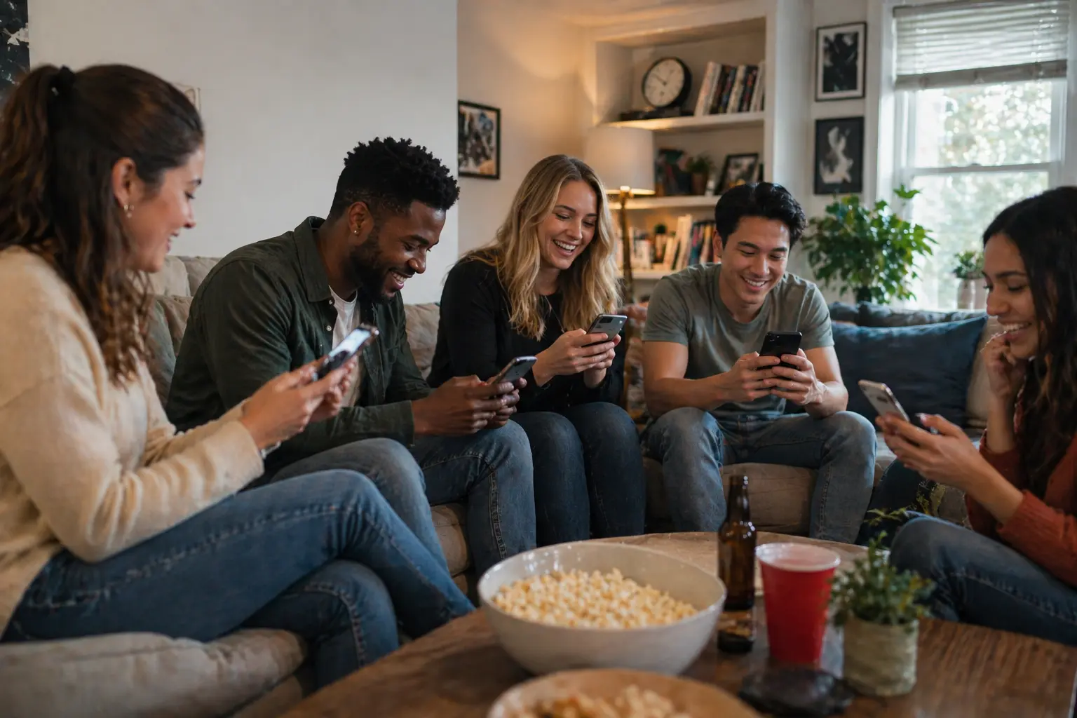 A group of friends laughing and looking at their smartphones together in a cozy living room during a social gathering