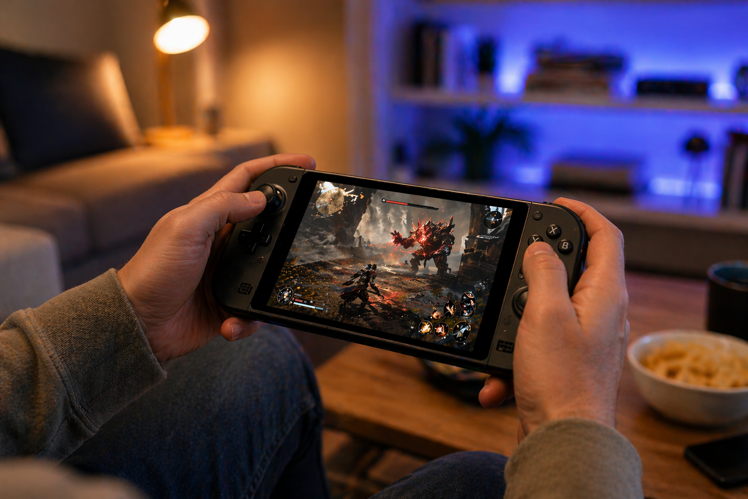 Close-up of a person holding a handheld gaming console at home, actively playing a fast-paced game with a softly lit living room in the background.