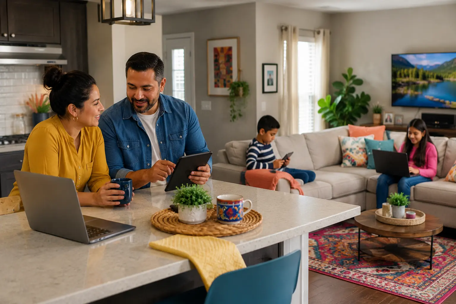 A Hispanic family uses multiple devices in a modern open-concept home, with parents at the kitchen island and children in the living room.