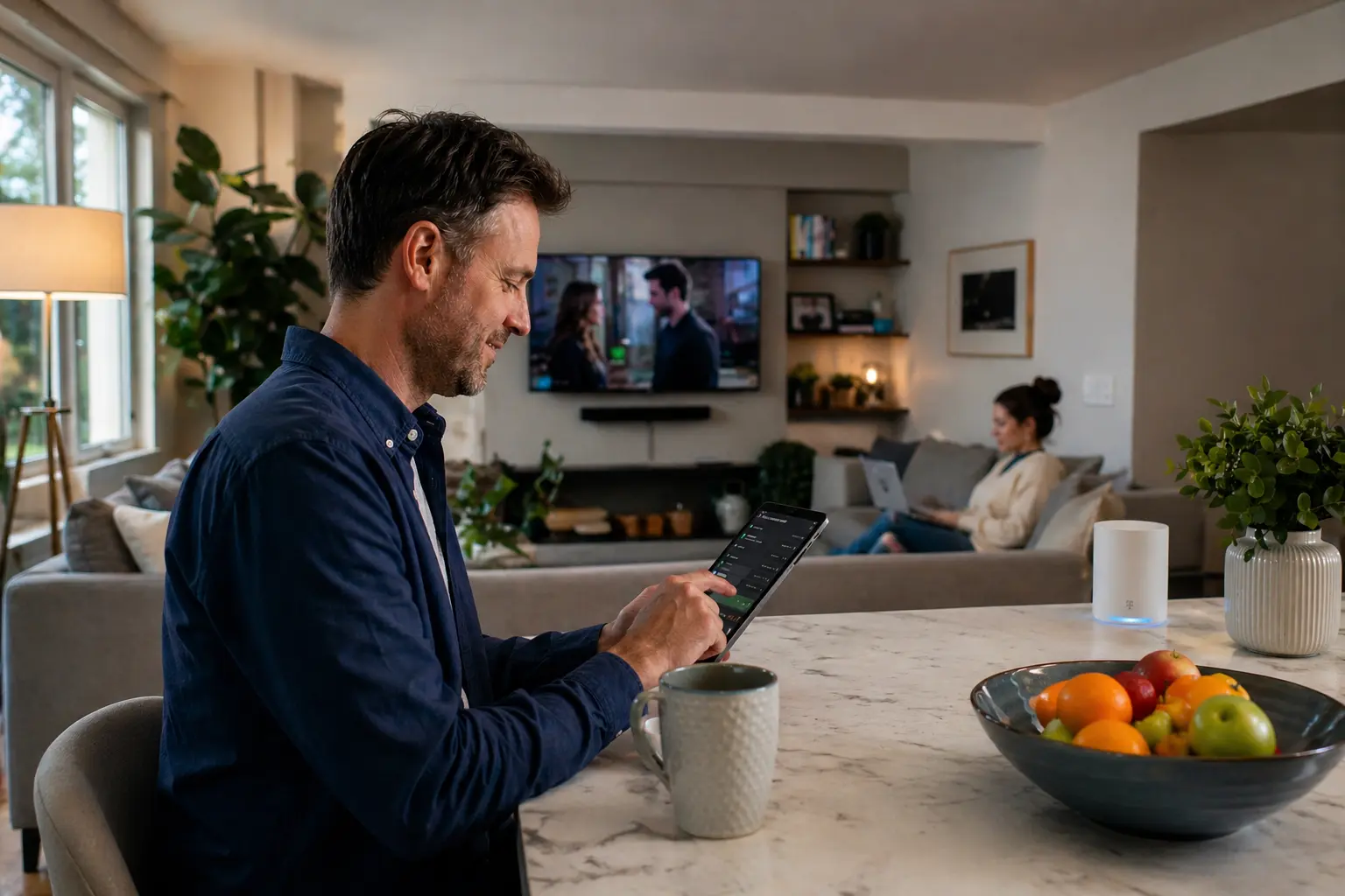 A person casually adjusting WiFi settings on a tablet at a kitchen island while others use connected devices in a modern home environment