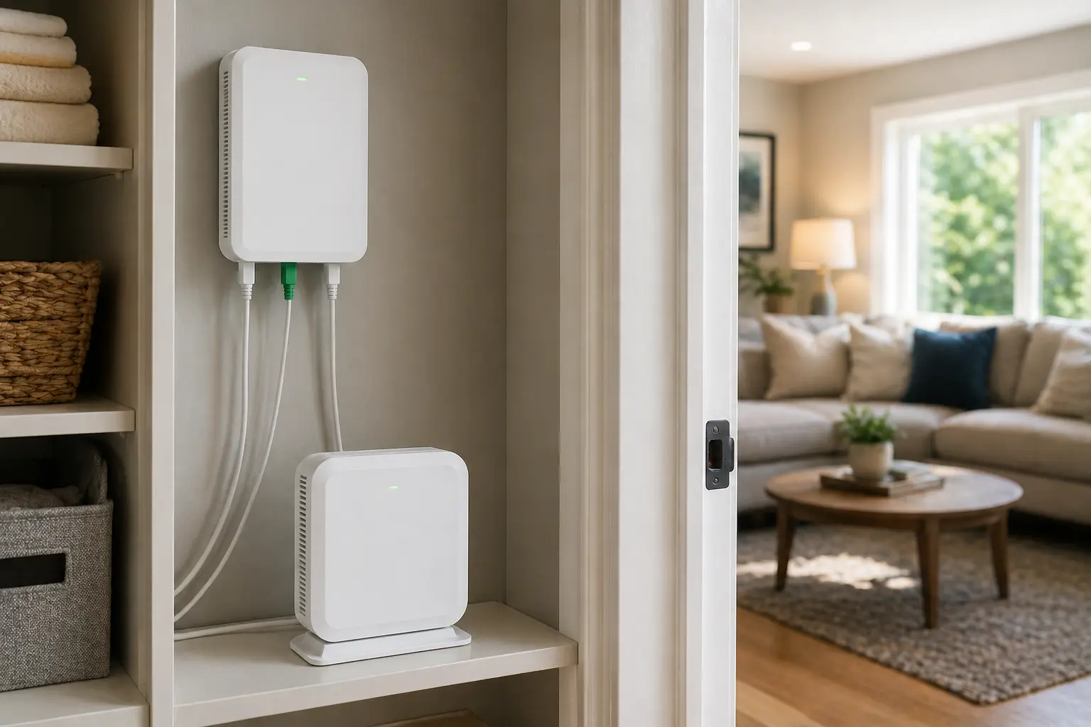 A modern home Wi-Fi setup with a router and mesh pod installed in a closet, with a view into a living room in the background