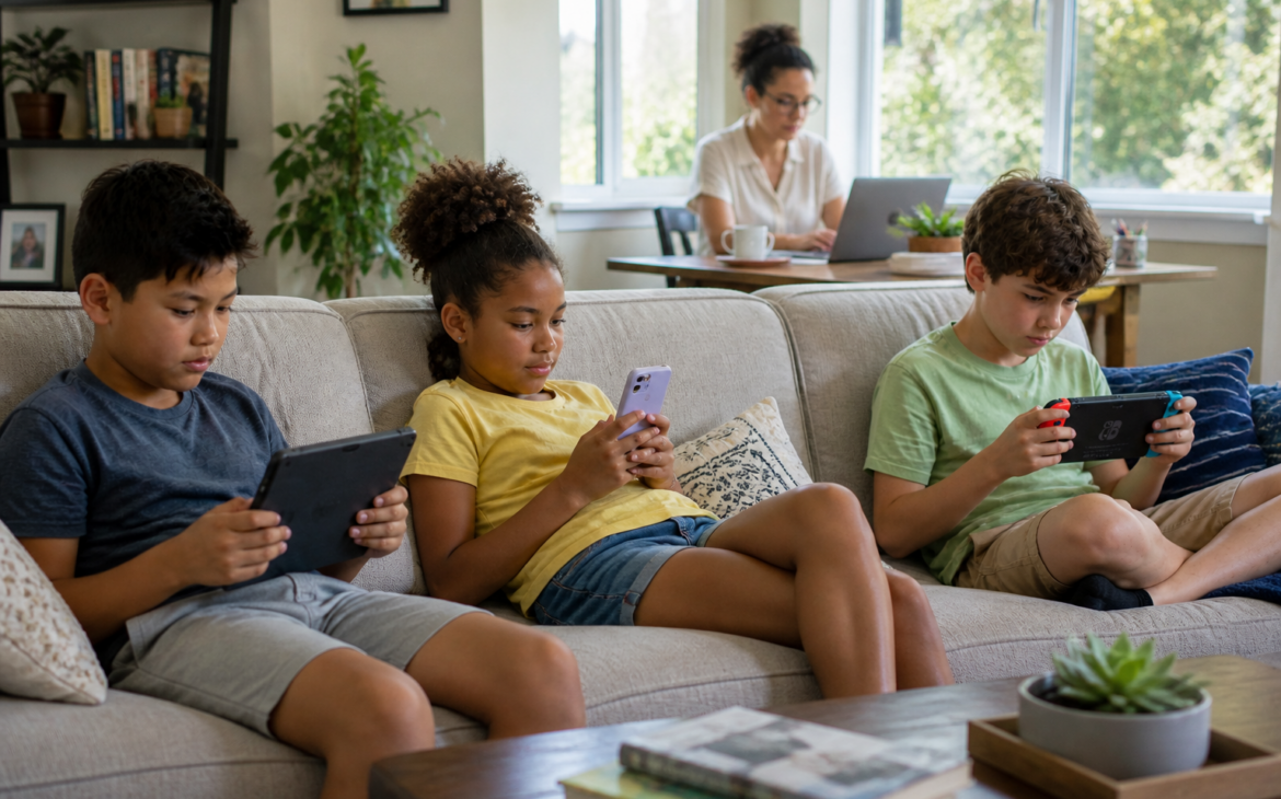 Three children using a tablet, smartphone, and handheld gaming console on a living room sofa while a parent works remotely on a laptop in the background