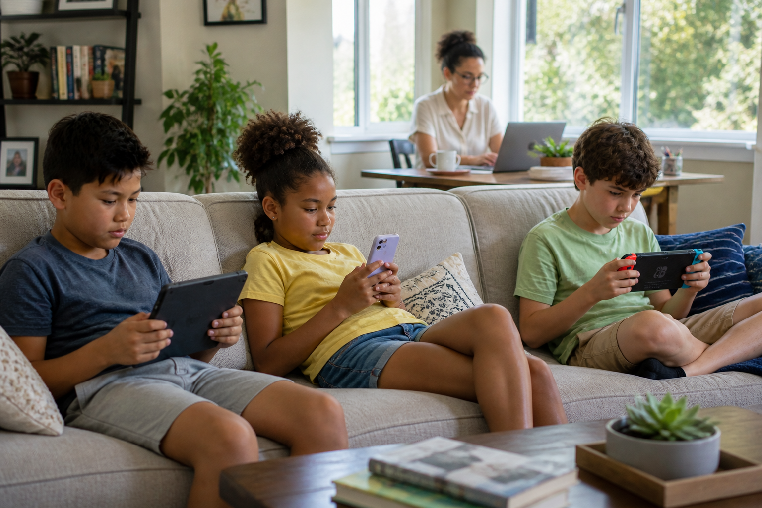 Three children using a tablet, smartphone, and handheld gaming console on a living room sofa while a parent works remotely on a laptop in the background