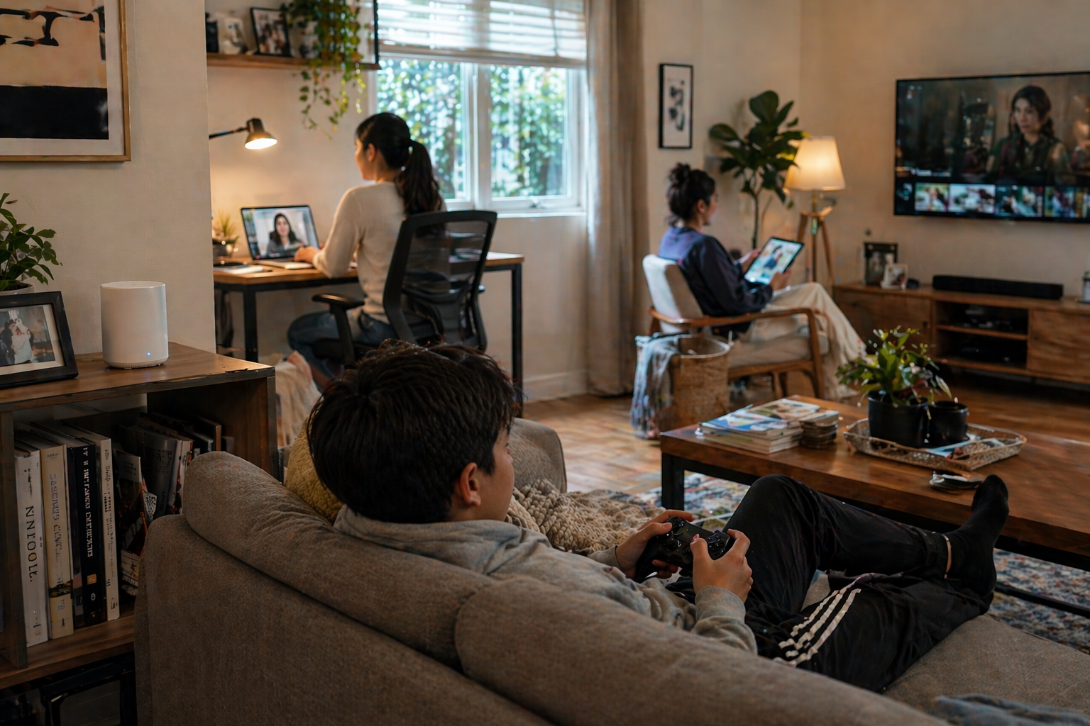 A candid early evening scene inside a modern home where multiple household members use high-speed internet naturally—one relaxing on a couch with a device, another working at a desk on a video call, and another streaming content in the background.