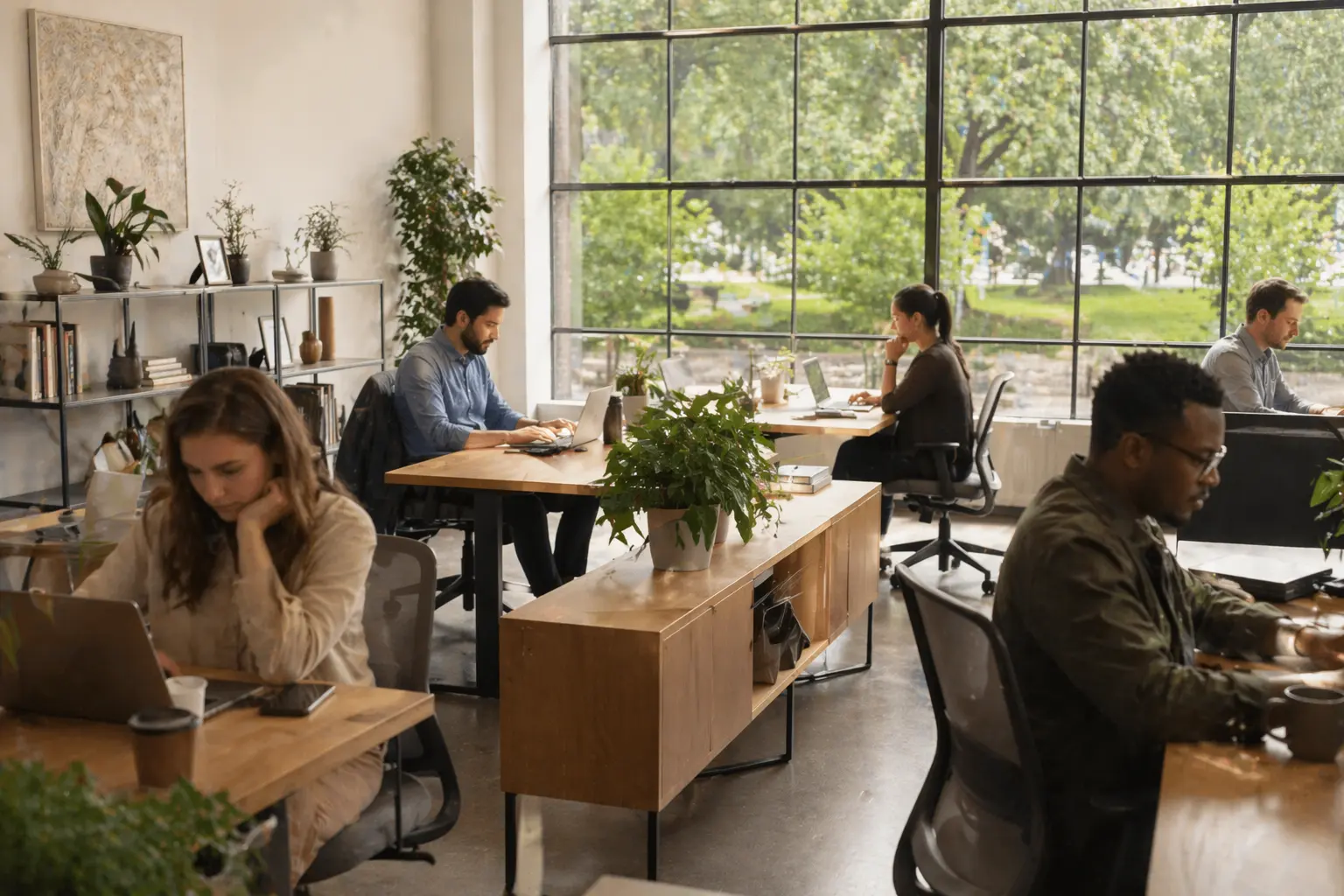 Diverse group of professionals working at desks in a bright small business office with large windows and a view of a green park outside