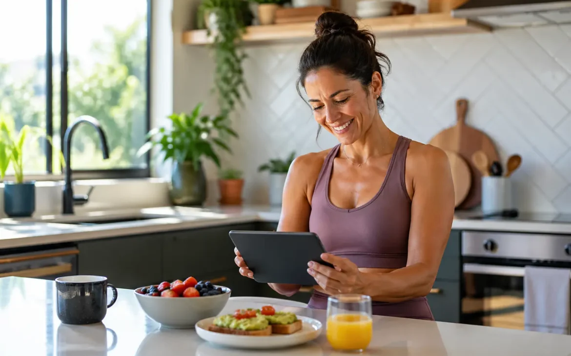A mother sits at a kitchen island, smiling while using a tablet with a healthy breakfast in a bright, modern kitchen