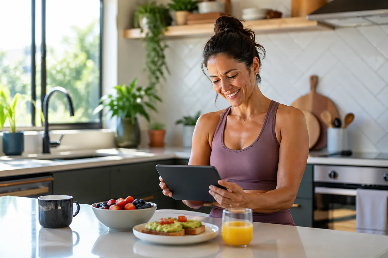 A mother sits at a kitchen island, smiling while using a tablet with a healthy breakfast in a bright, modern kitchen