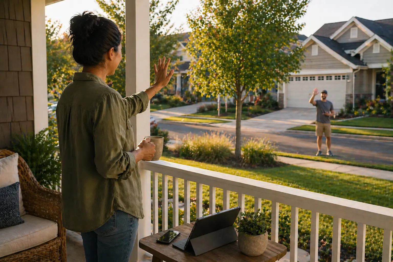 A person waving to a neighbor from a front porch in a suburban neighborhood with a tablet and smartphone on a nearby table