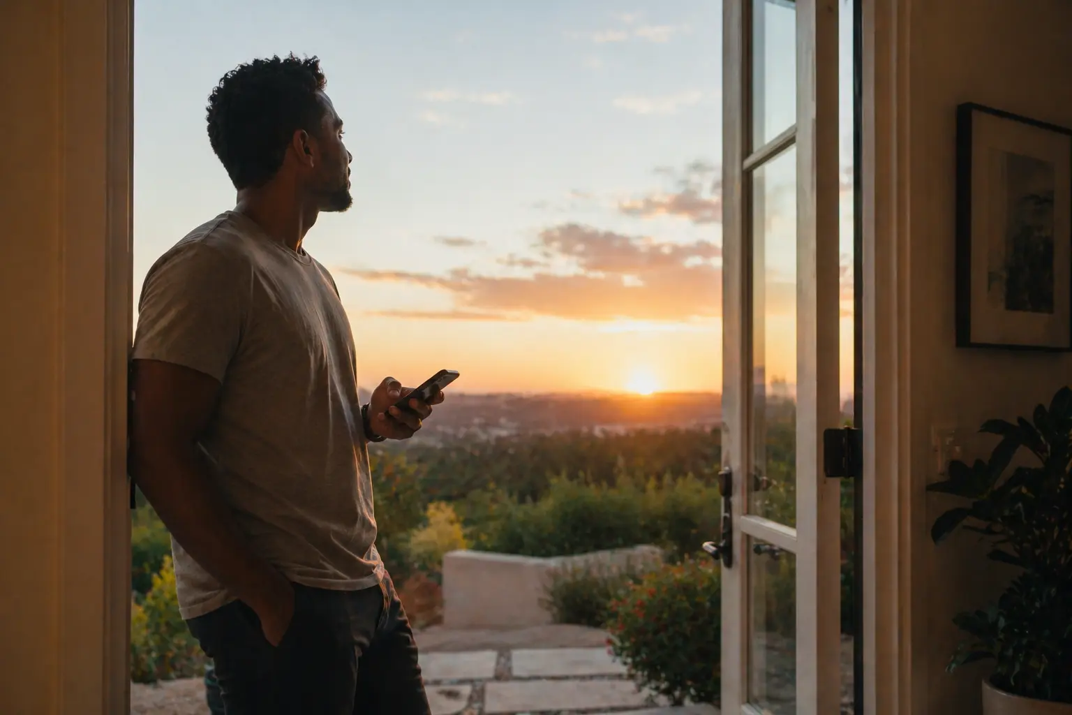 A person standing in a doorway holding a smartphone and looking out at a sunset from a modern home