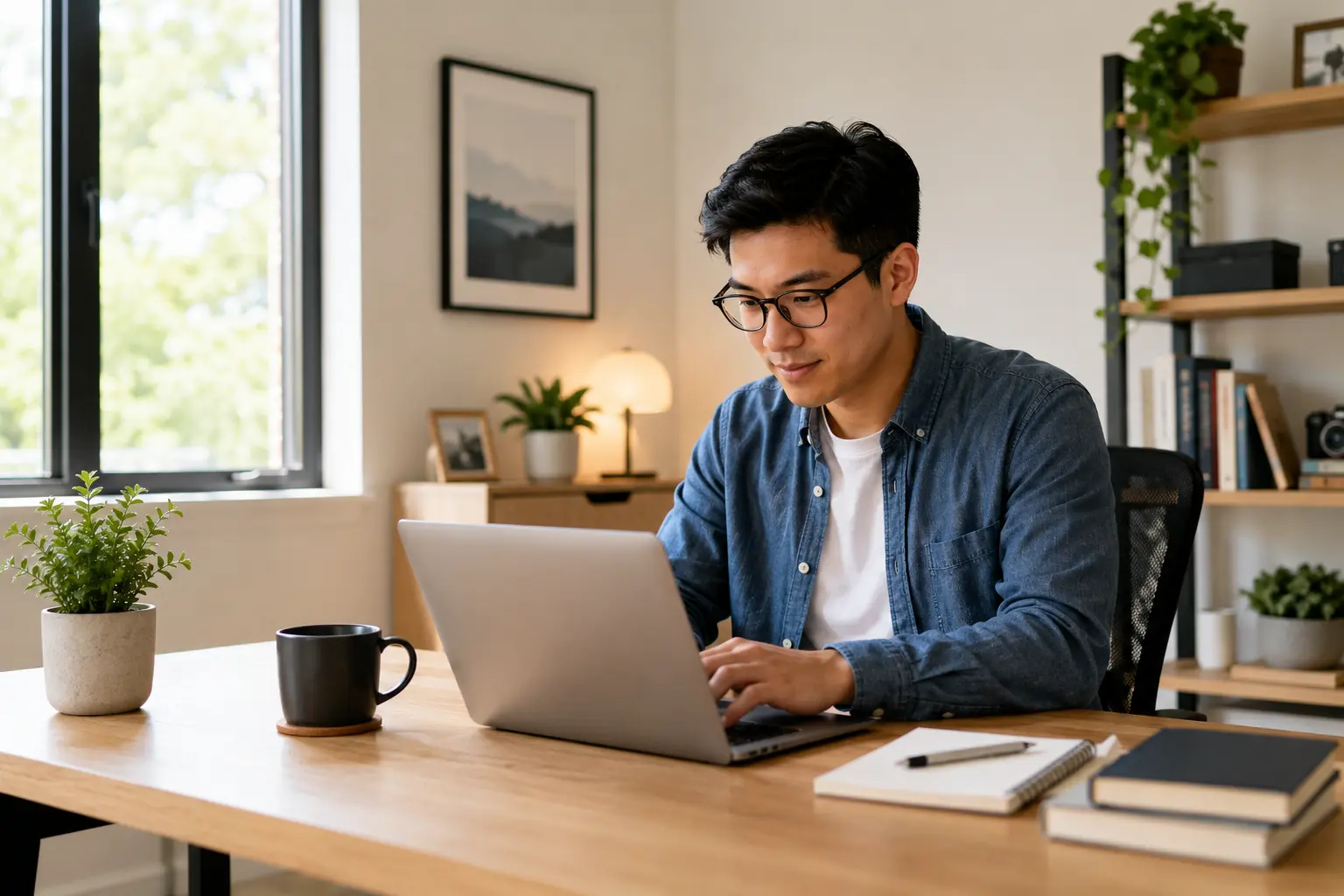 A person working on a laptop at a clean, modern home office desk with coffee nearby