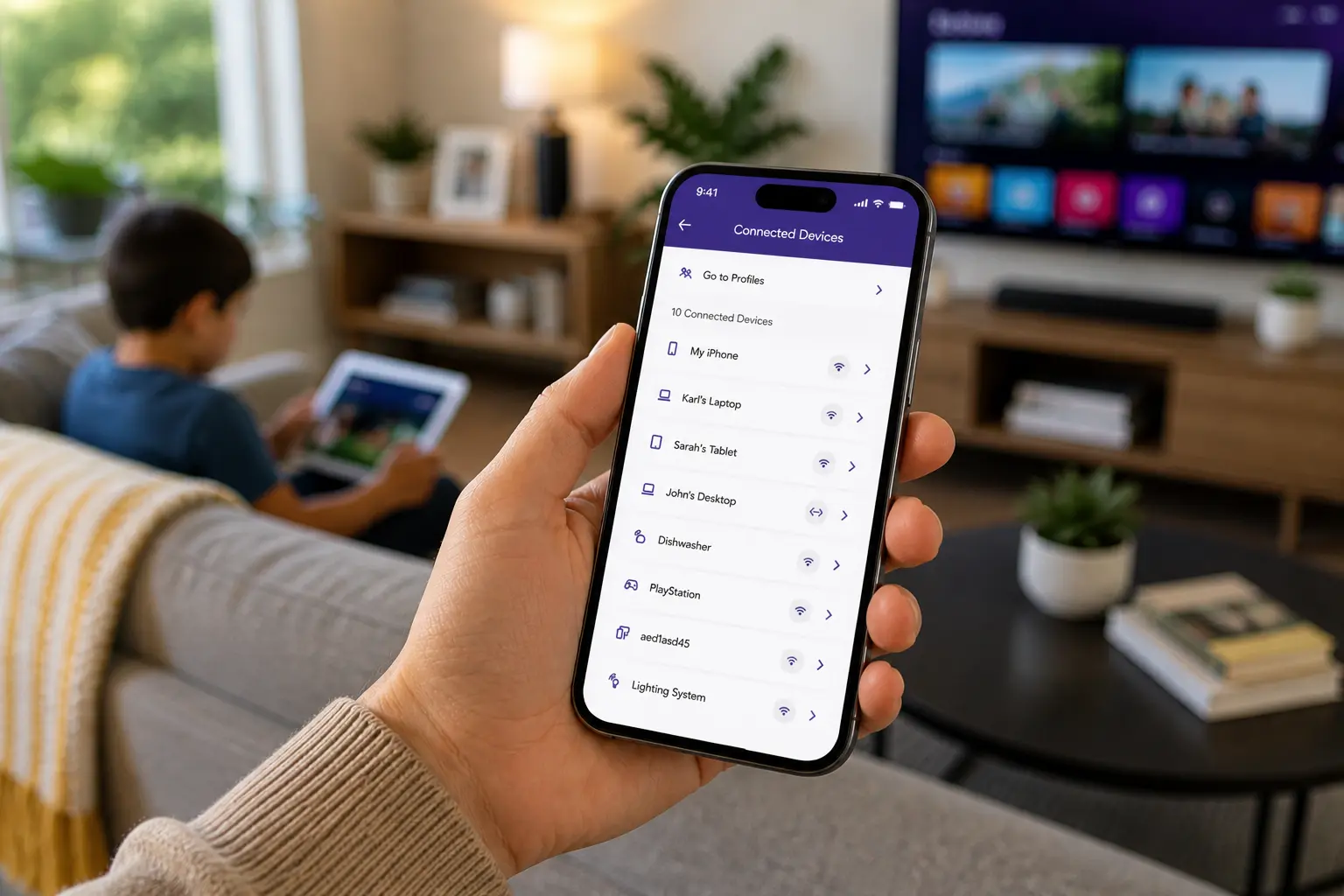 Close-up of a person holding a smartphone displaying a connected devices list while a child uses a tablet in the background in a modern living room