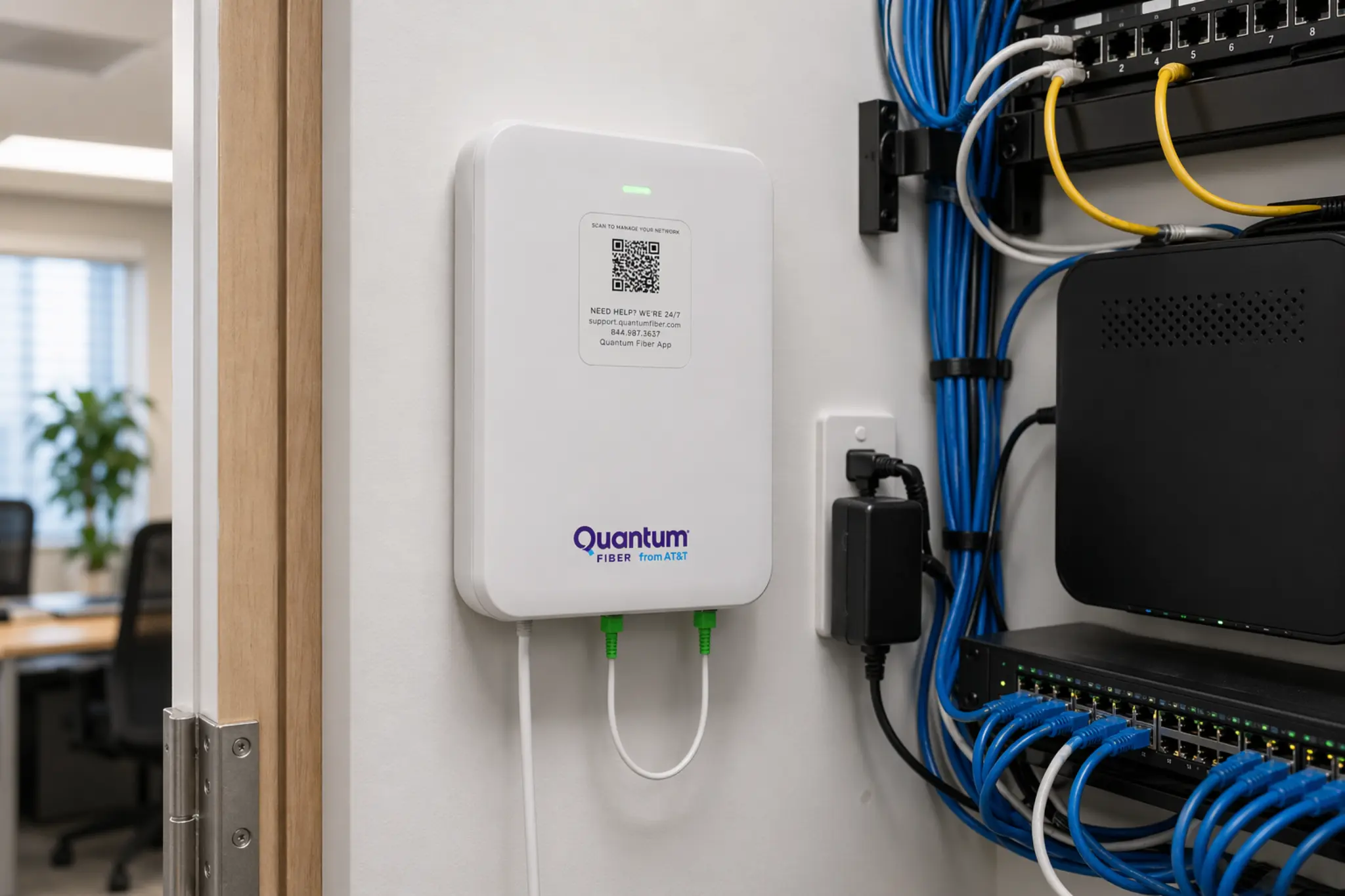 Quantum Fiber wall unit mounted inside a clean and organized wiring closet with structured cabling and network equipment in a small business office