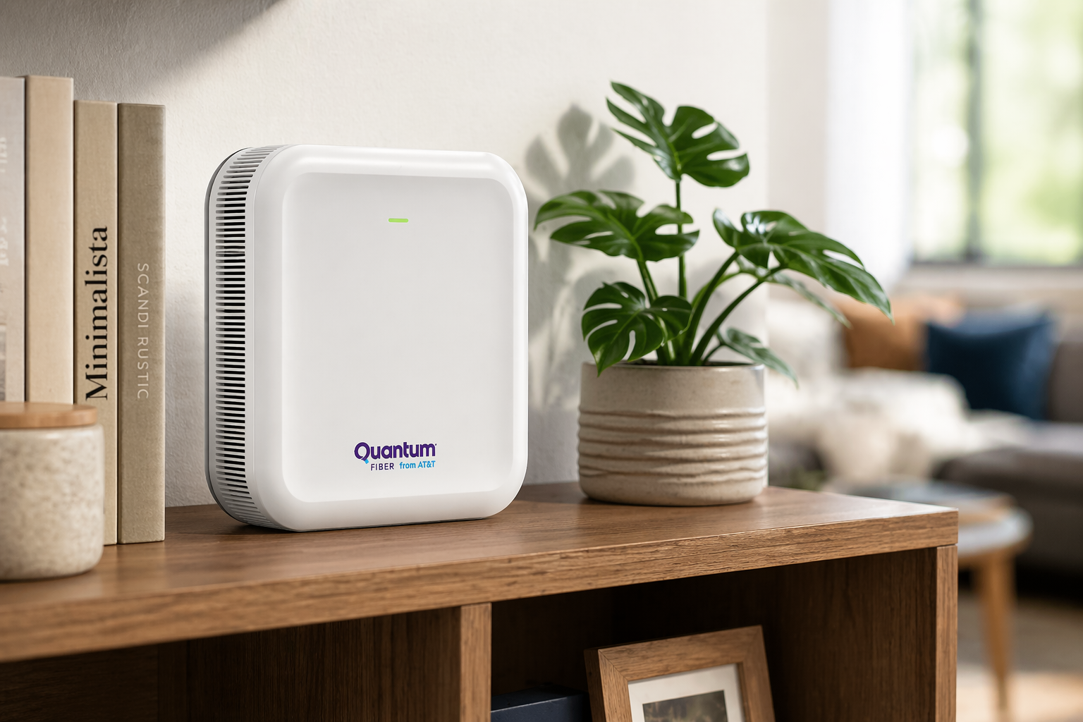 A Quantum Fiber Wi-Fi 7 pod placed on a wooden shelf beside books and a small plant in a sunlit modern living space