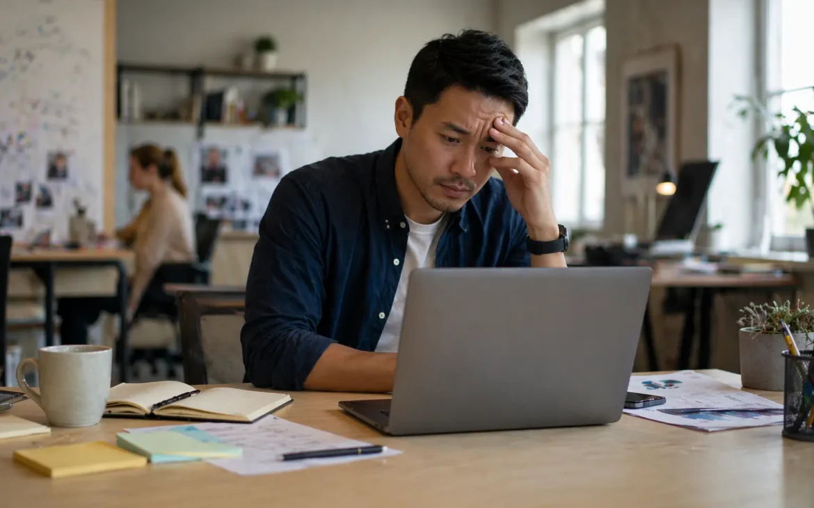 Small business owner in a casual office environment looking stressed while working on a laptop with natural light and a blurred workspace in the background