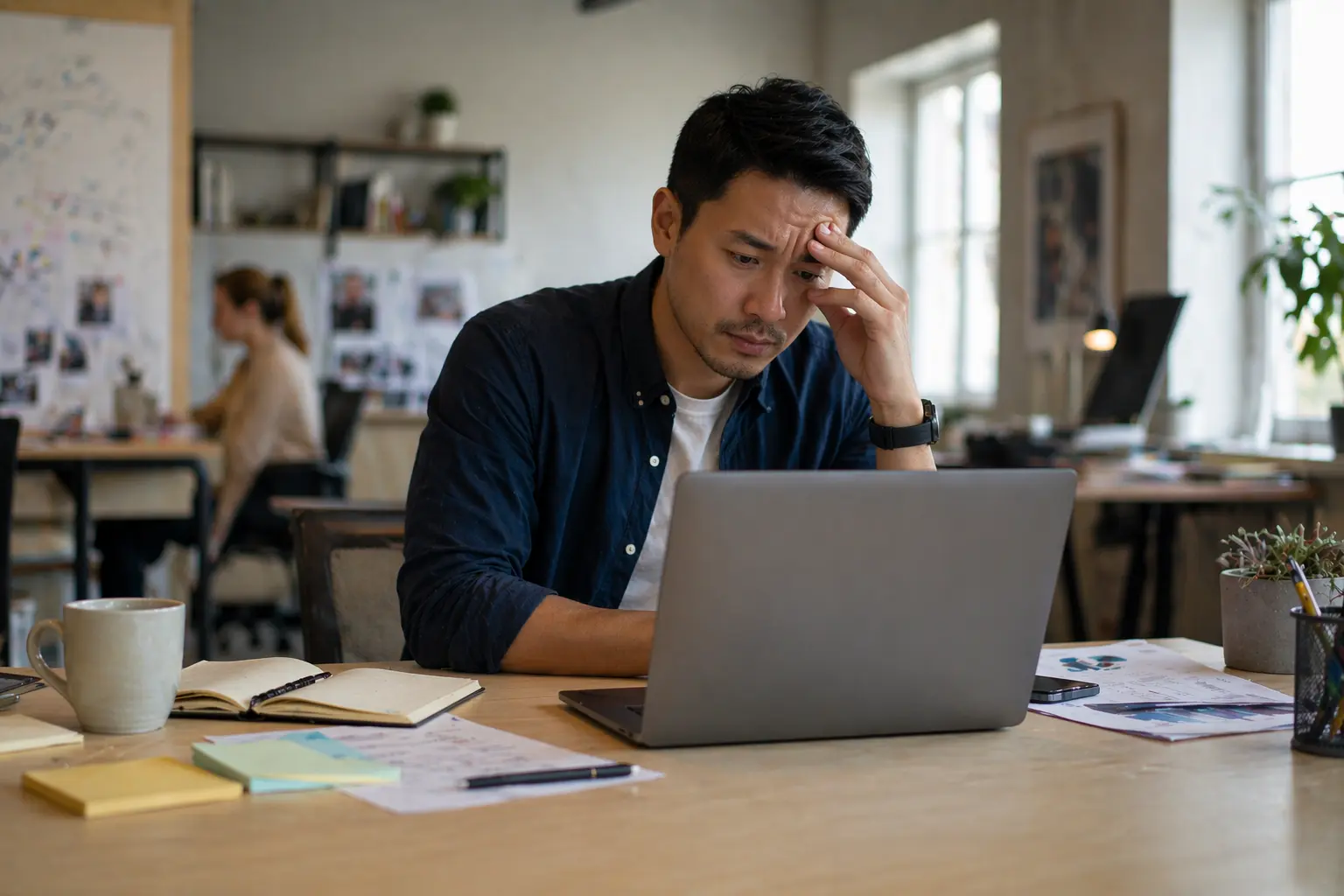 Small business owner in a casual office environment looking stressed while working on a laptop with natural light and a blurred workspace in the background